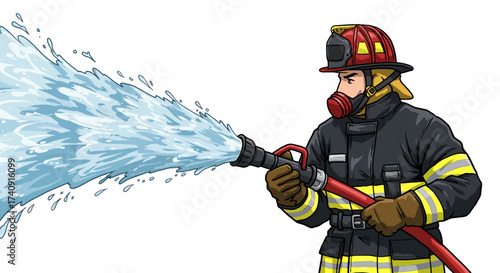 A cartoon firefighter in gear holds a firehose spewing water