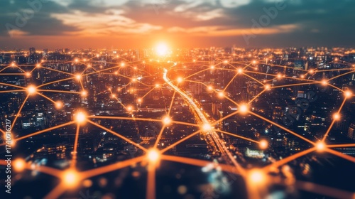 Smart city at sunset with network connections.