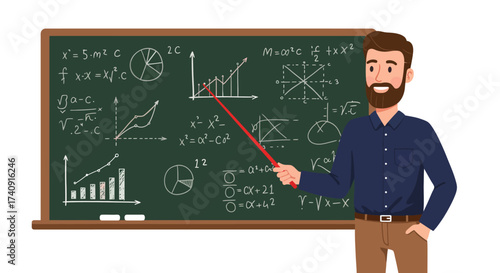 Bearded man points to a chalkboard filled with math equations and graphs