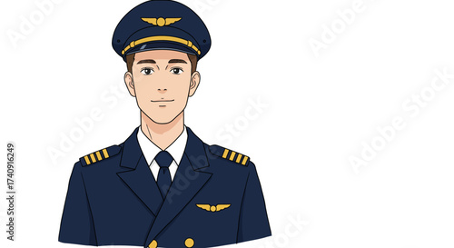 Cartoon of a pilot in uniform with a navy hat and jacket gold accents