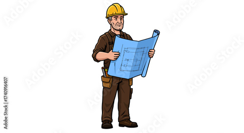 Cartoon of construction worker in hard hat holding and reading architectural plans