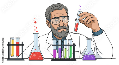 Scientist examines red liquid in a test tube surrounded by beakers with colorful contents