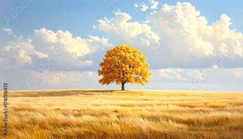 Scenic Landscape with a Solitary Tree in a Golden Field Under a Cloudy Sky