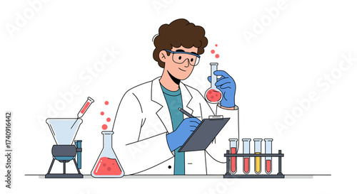 Cartoon scientist with test tubes wearing lab coat  goggles taking notes in laboratory setting
