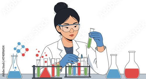 Cartoon of a scientist in a lab coat holding test tubes and flasks with liquids