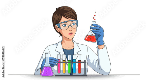 Scientist in lab coat observes bubbling red liquid in flask with colorful test tubes nearby