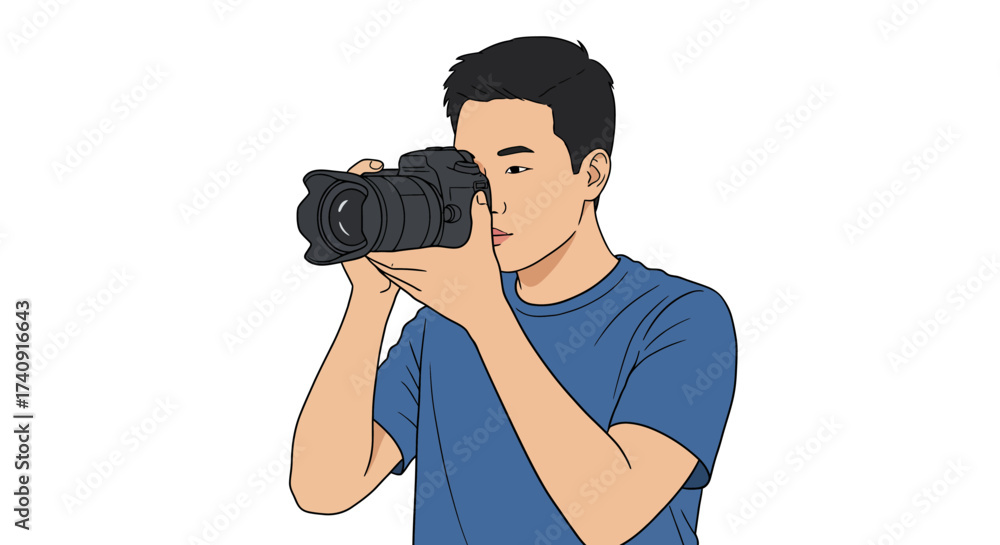 Fototapeta premium Man in blue shirt holding a DSLR camera to his face looking through the viewfinder