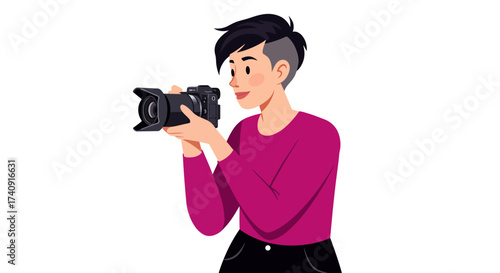 Woman with a camera wearing a purple shirt and black pants aiming the camera