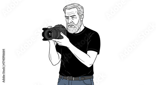 Elderly man with gray hair holds a camera wearing casual clothes