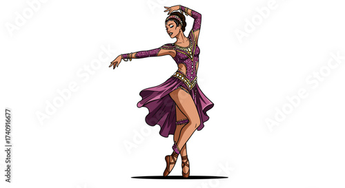 A female dancer in a purple and gold costume poses on pointe against a white background