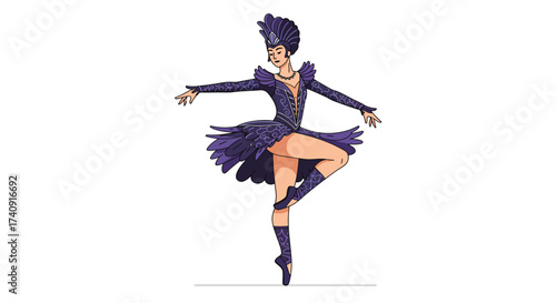 A ballerina in a dark purple swan costume stands en pointe