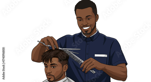 A barber cutting a clients hair with scissors and a comb both characters are smiling