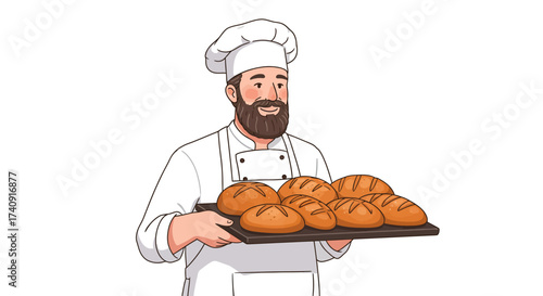 Baker holds tray of bread rolls in chefs uniform with a smiling face