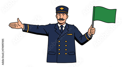 A train conductor with a mustache waves a green flag signaling with his outstretched arm