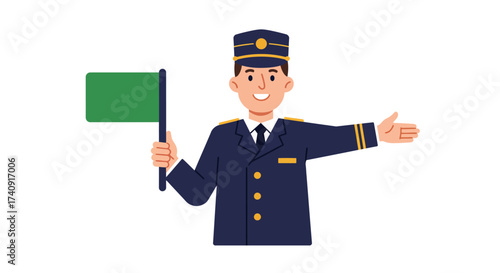 Officer in uniform waves green flag