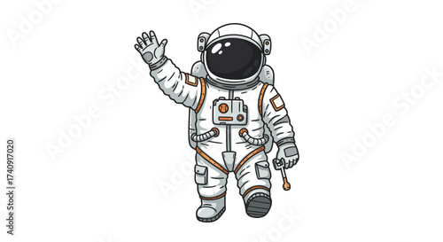 An astronaut waves holding a device in a white spacesuit with orange accents
