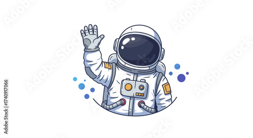 Cartoon astronaut in white suit waving blue circles around him