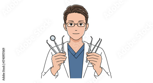 A dentist holds dental tools he wears glasses and a lab coat