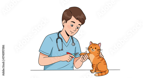 Vet trimming a cats claws with clippers The cat is orange with stripes