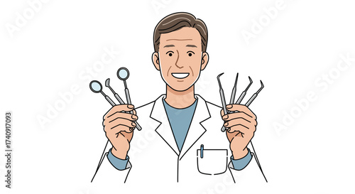 A dentist smiles holding dental tools in a clinical setting