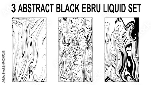 Bundle collection of beautiful white and black marble background. Pack of handmade stone or rock texture with liquid paint ink. Ebru, Turkish marbling art.