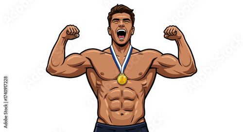Man flexing muscles wearing gold medal open mouth animated style