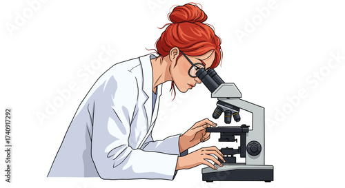 Woman in lab coat looks into a microscope Red hair in a bun wearing glasses