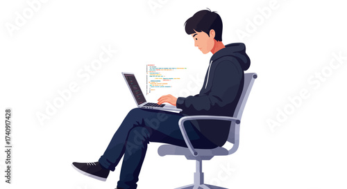 Person coding sitting with laptop screen with code wearing hoodie jeans sneakers office chair