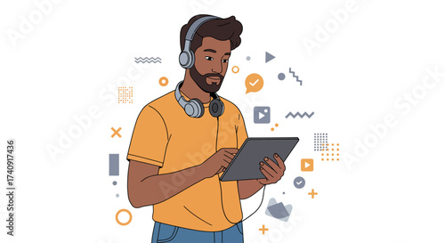 A man wearing headphones looking at and touching a tablet surrounded by geometric shapes