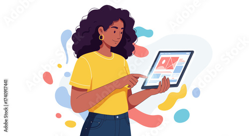 A woman with curly hair holds a tablet and points at the screen against a white background with abstract pastel shapes