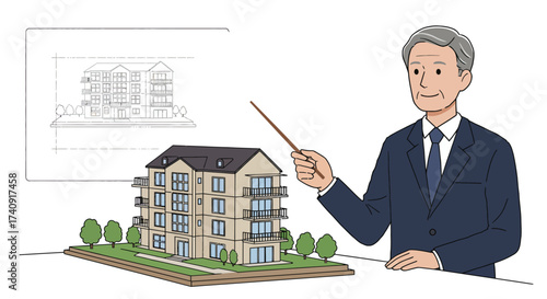 Cartoon depicts a man presenting a model building  blueprint