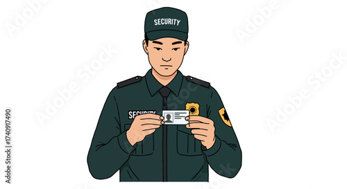 A security guard in a uniform is holding up an ID card