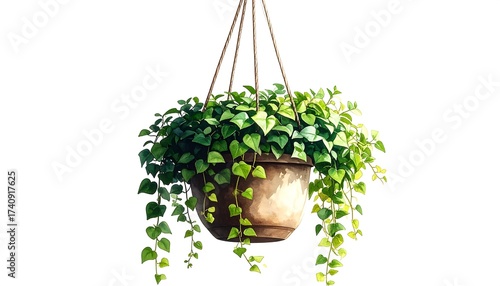 Watercolor Painting of a Hanging Plant with Green Leaves and Brown Pot
