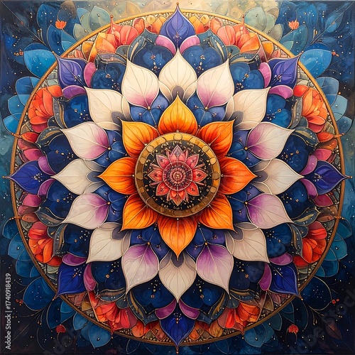 A vibrant, symmetrical floral pattern with radiating petals and a central design