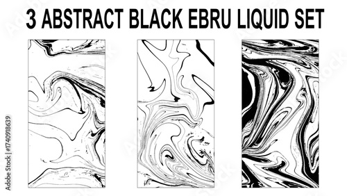 Set Ink texture of 3 watercolor hand drawn artistic marbling invitation, traditional Turkish ebru illustration.