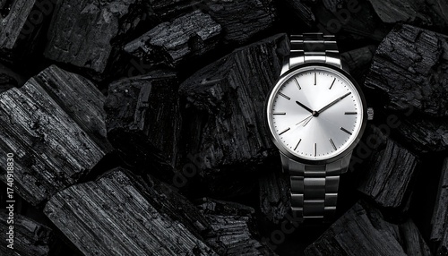 Wallpaper Mural A silver wristwatch lies atop a bed of dark charcoal, showcasing minimalist design against a textured background Torontodigital.ca