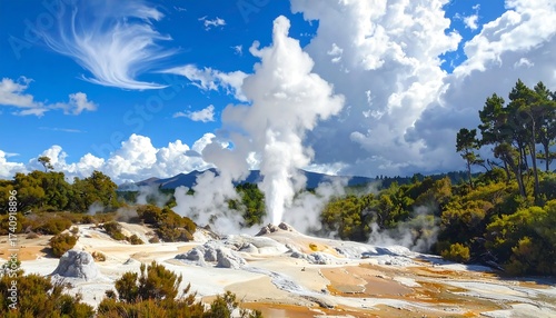 Scenic geothermal landscape with geyser and cloudy sky in new zealand