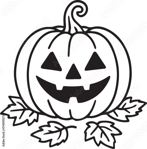 A grinning pumpkin with carved features sits amid fall leaves, creating a spooky and inviting Halloween symbol.