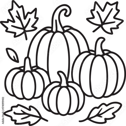 A charming ensemble of pumpkins and autumn leaves creates a festive and cheerful scene. The image's clean lines and minimalistic style provide an elegant touch.