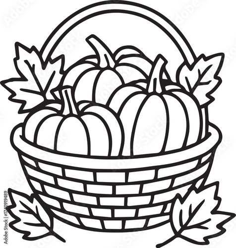 A black and white illustration shows a basket overflowing with plump pumpkins and adorned with autumnal leaves, perfect for Thanksgiving or fall-themed projects.