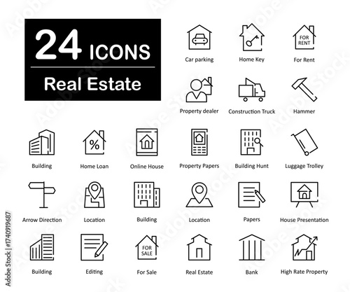 These are 24 beautiful small, pixel perfect real estate interface vector icons.