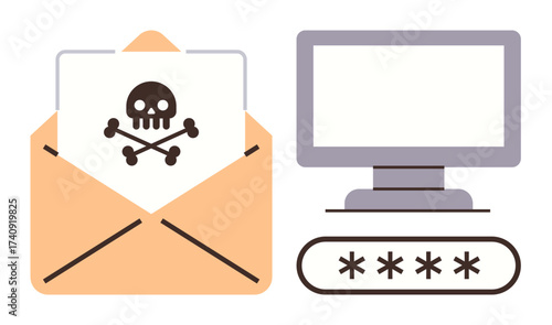Open envelope containing a skull, computer monitor with password entry. Ideal for cybersecurity, hacking, phishing, malware, data protection, online security warning communication. Simple flat