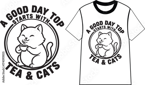 Cute Cat Drinking Tea T-shirt Design