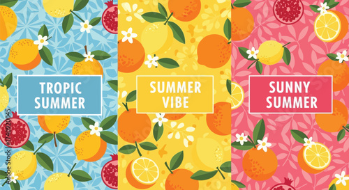 Vector illustration of tropic summer vibe with assorted citrus fruit and pomegranate pattern