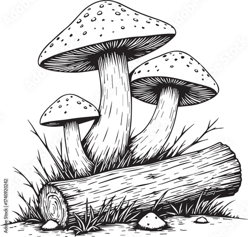 A meticulously detailed black and white illustration captures the timeless beauty of a group of mushrooms nestled among grass and log, creating a classic image of nature's beauty.