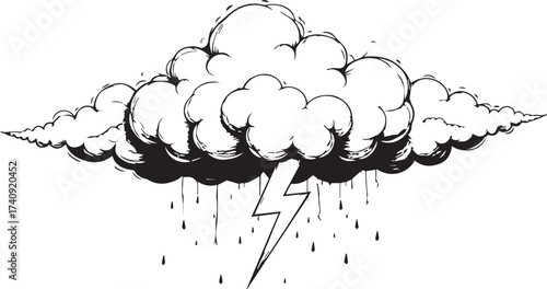 A dynamic illustration of a storm cloud unleashing a powerful lightning bolt, accompanied by rain. This striking graphic conveys the raw energy of nature's most dramatic display.