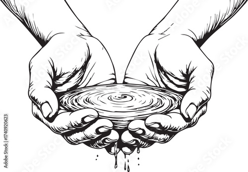 A detailed sketch of hands carefully cradling and preserving precious water, highlighting the essence of care, environmental responsibility, and sustainability.