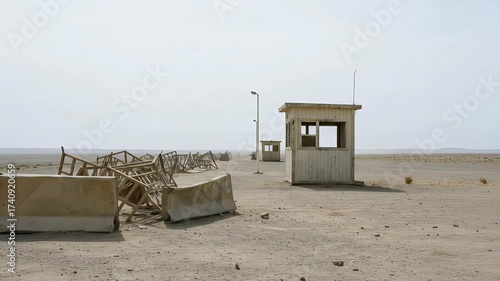 Abandoned Checkpoint Booth in a Desolate Desert Landscape.