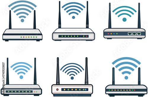 Set of internet routers with Wi-Fi signals and antennas used for home networking and wireless communication