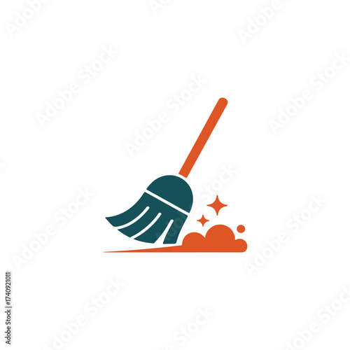 Simple icon depicting a teal broom sweeping up orange dust and sparkles